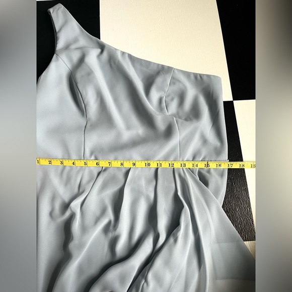 DAVID’S BRIDAL CHIFFON ONE-SHOULDER BRIDESMAID DRESS WITH CASCADE, DUSTY BLUE - Picture 7 of 8